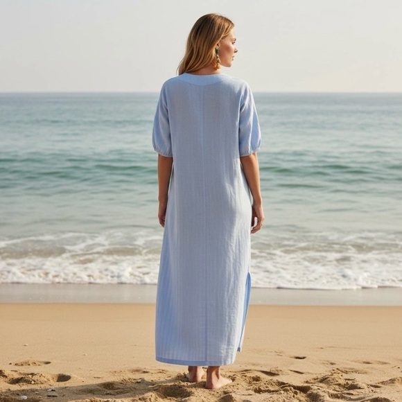 Lake Gauze Caftan Dress in Morning Blue Sz M - Picture 2 of 10